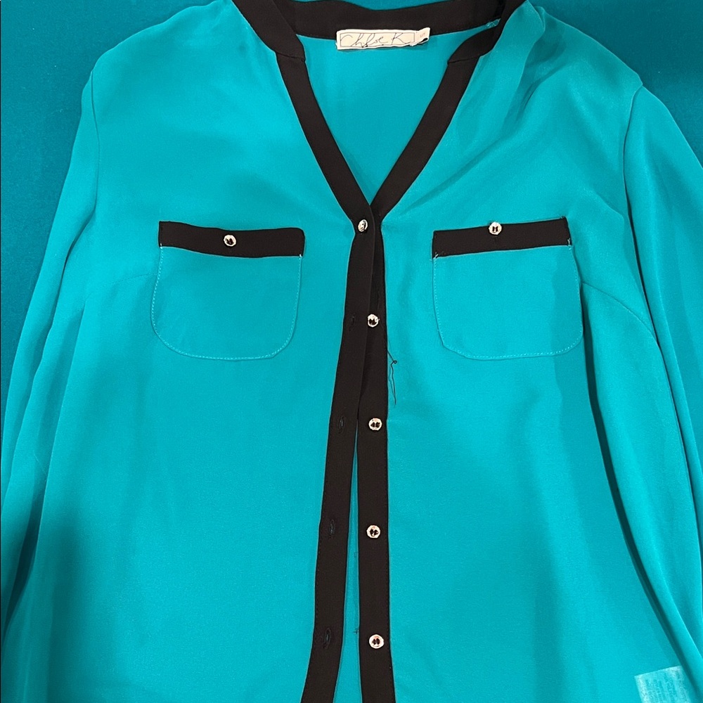 Chloe K Teal and Black Blouse